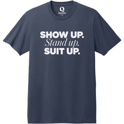 "Show Up." Quorum Heavyweight Recycled Cotton Tee editorial print in Night Sky Navy