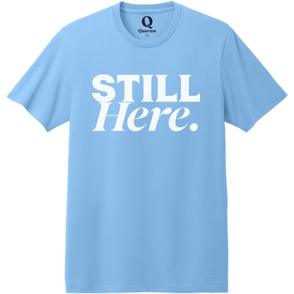"Still Here." Quorum Heavyweight Recycled Cotton Tee editorial print in Arctic Blue