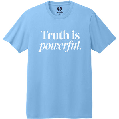 "Truth is powerful." Quorum Heavyweight Recycled Cotton Tee editorial print in Arctic Blue