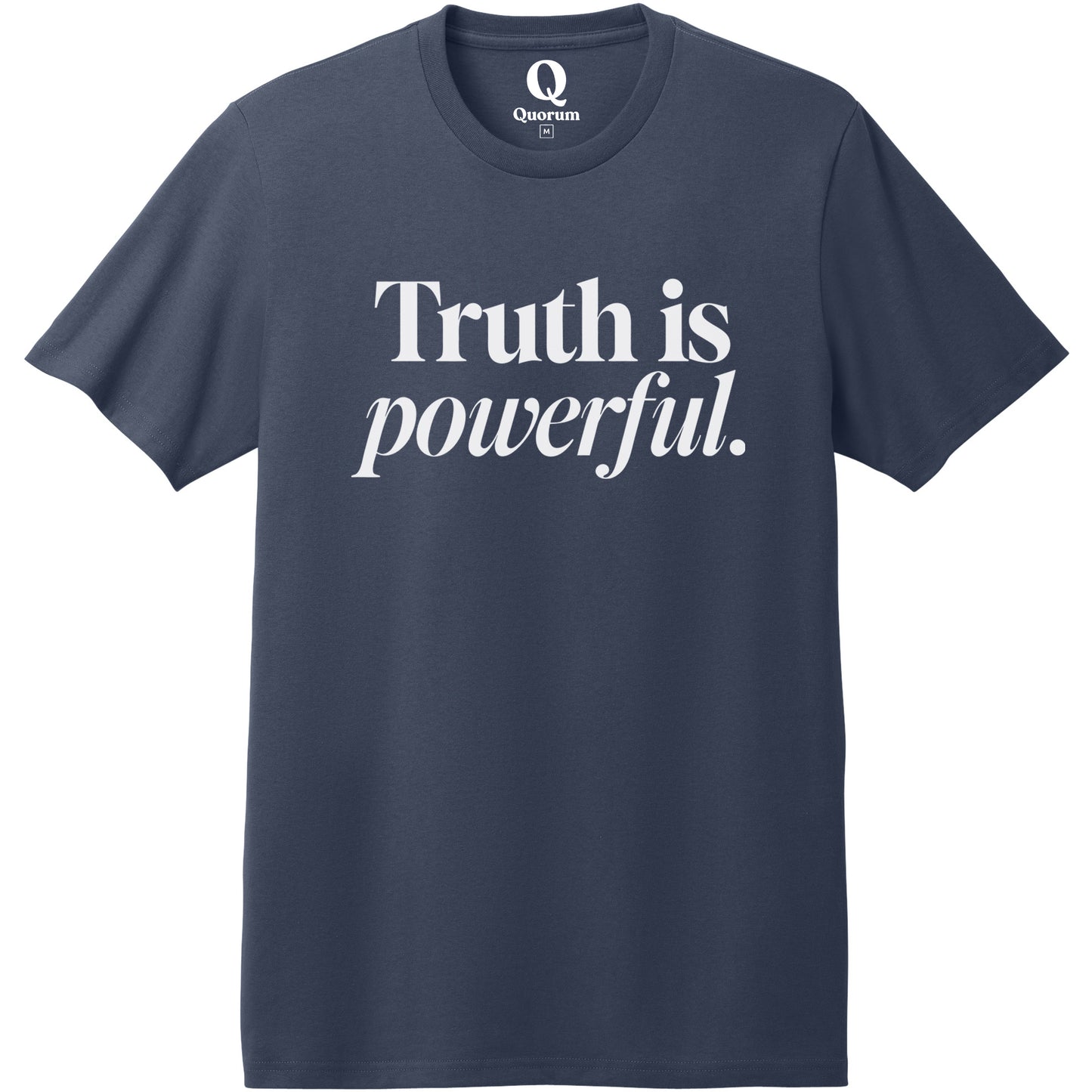 "Truth is powerful." Quorum Heavyweight Recycled Cotton Tee editorial print in Night Sky Navy