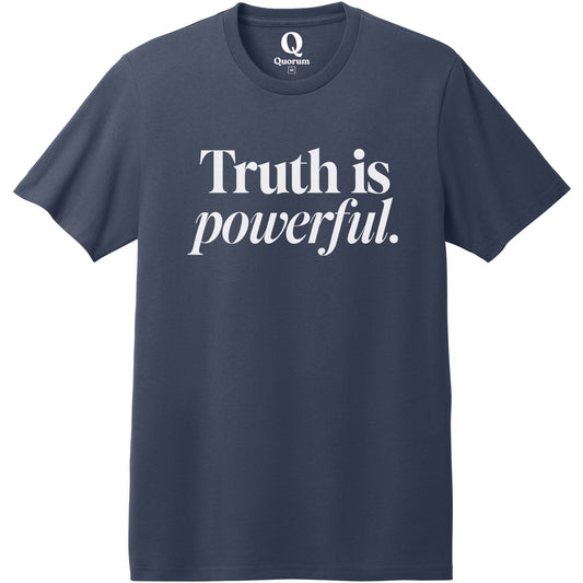 "Truth is powerful." Quorum Heavyweight Recycled Cotton Tee editorial print in Night Sky Navy