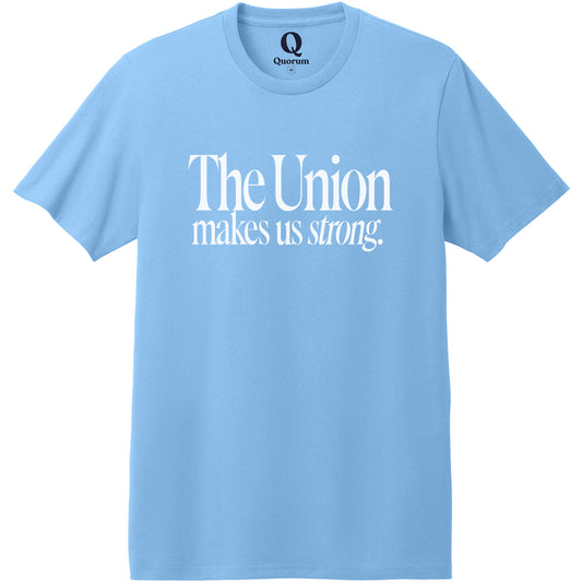 "The Union makes us strong." Quorum Heavyweight Recycled Cotton Tee editorial print in Arctic Blue