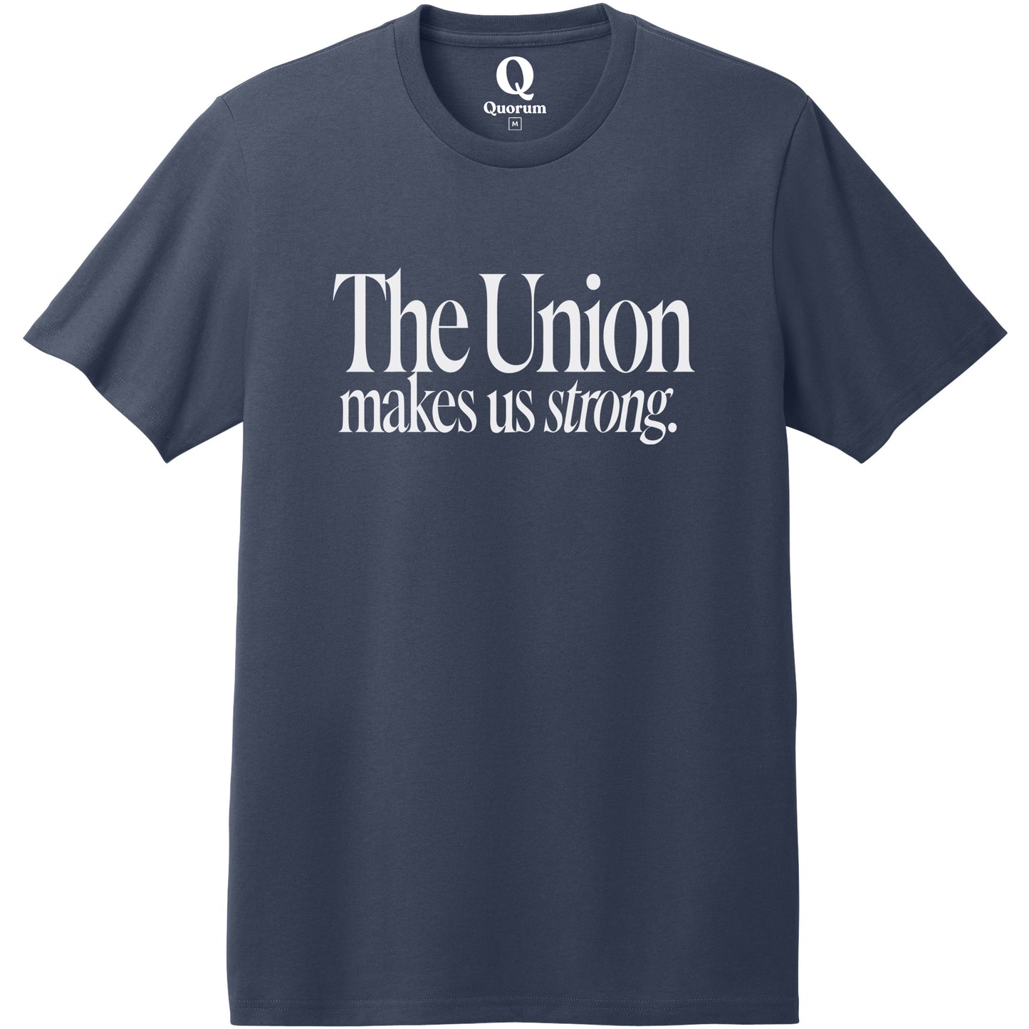 "The Union makes us strong." Quorum Heavyweight Recycled Cotton Tee editorial print in Night Sky Navy