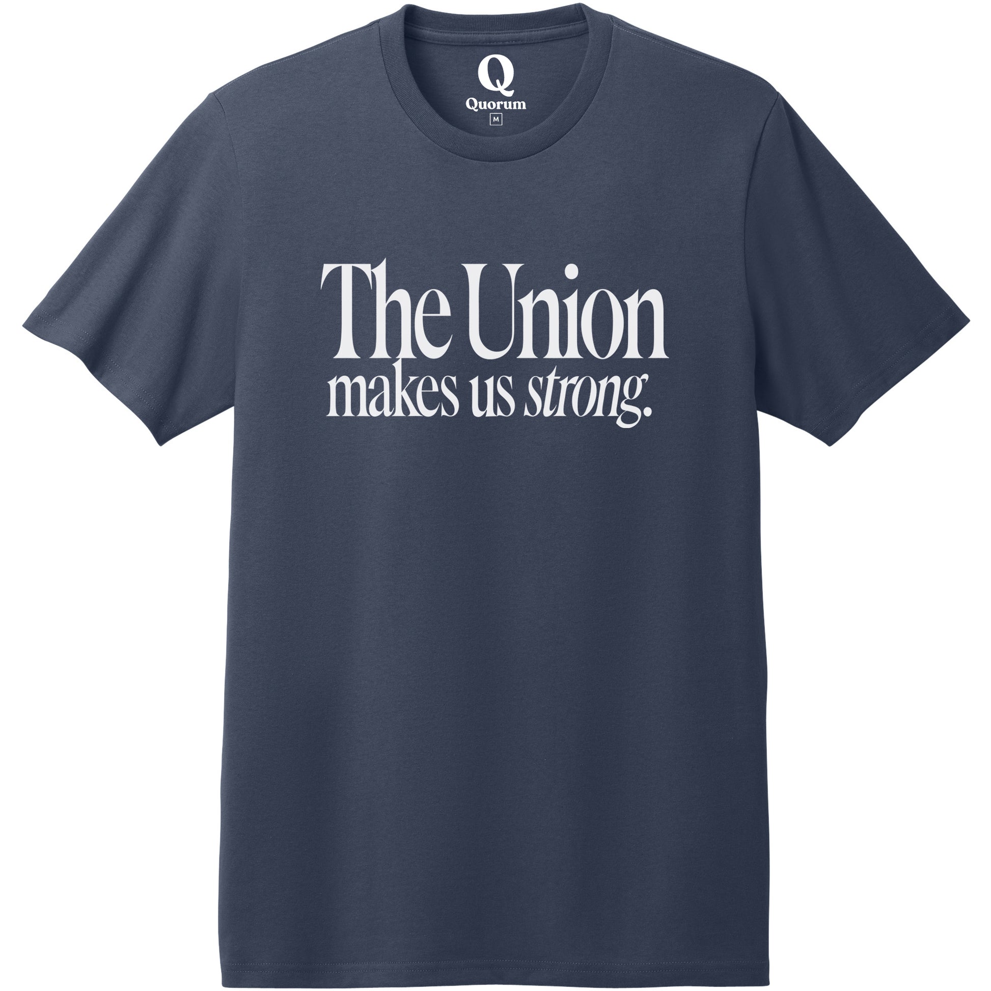 "The Union makes us strong." Quorum Heavyweight Recycled Cotton Tee editorial print in Night Sky Navy