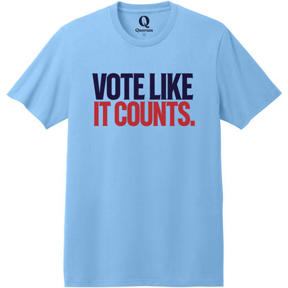 "Vote like it counts." Quorum Heavyweight Recycled Cotton Tee front print in Arctic Blue
