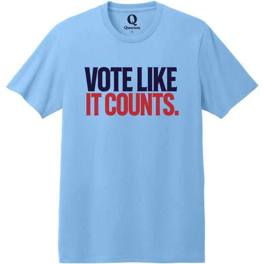 "Vote like it counts." Quorum Heavyweight Recycled Cotton Tee front print in Arctic Blue