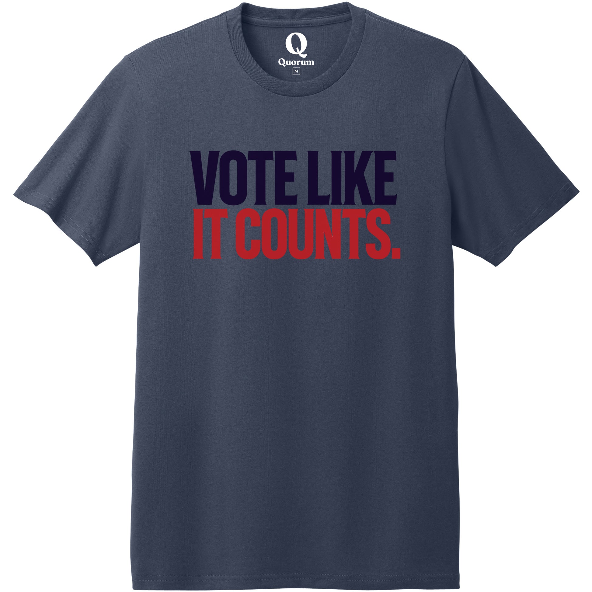 "Vote like it counts." Quorum Heavyweight Recycled Cotton Tee front print in Night Sky Navy