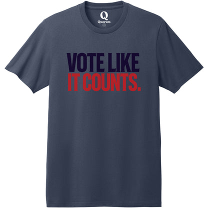 "Vote like it counts." Quorum Heavyweight Recycled Cotton Tee front print in Night Sky Navy