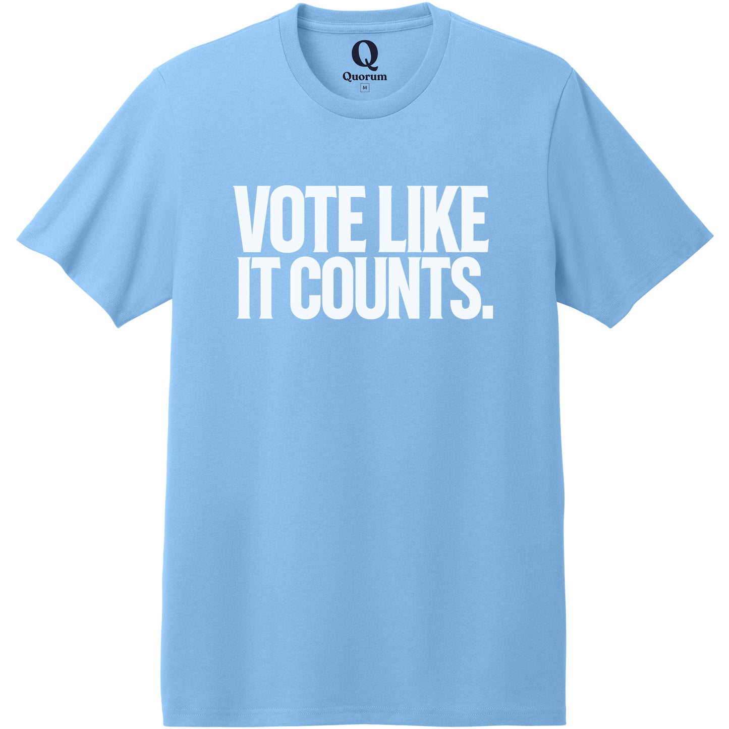 "Vote like it counts." Quorum Heavyweight Recycled Cotton Tee editorial print in Arctic Blue