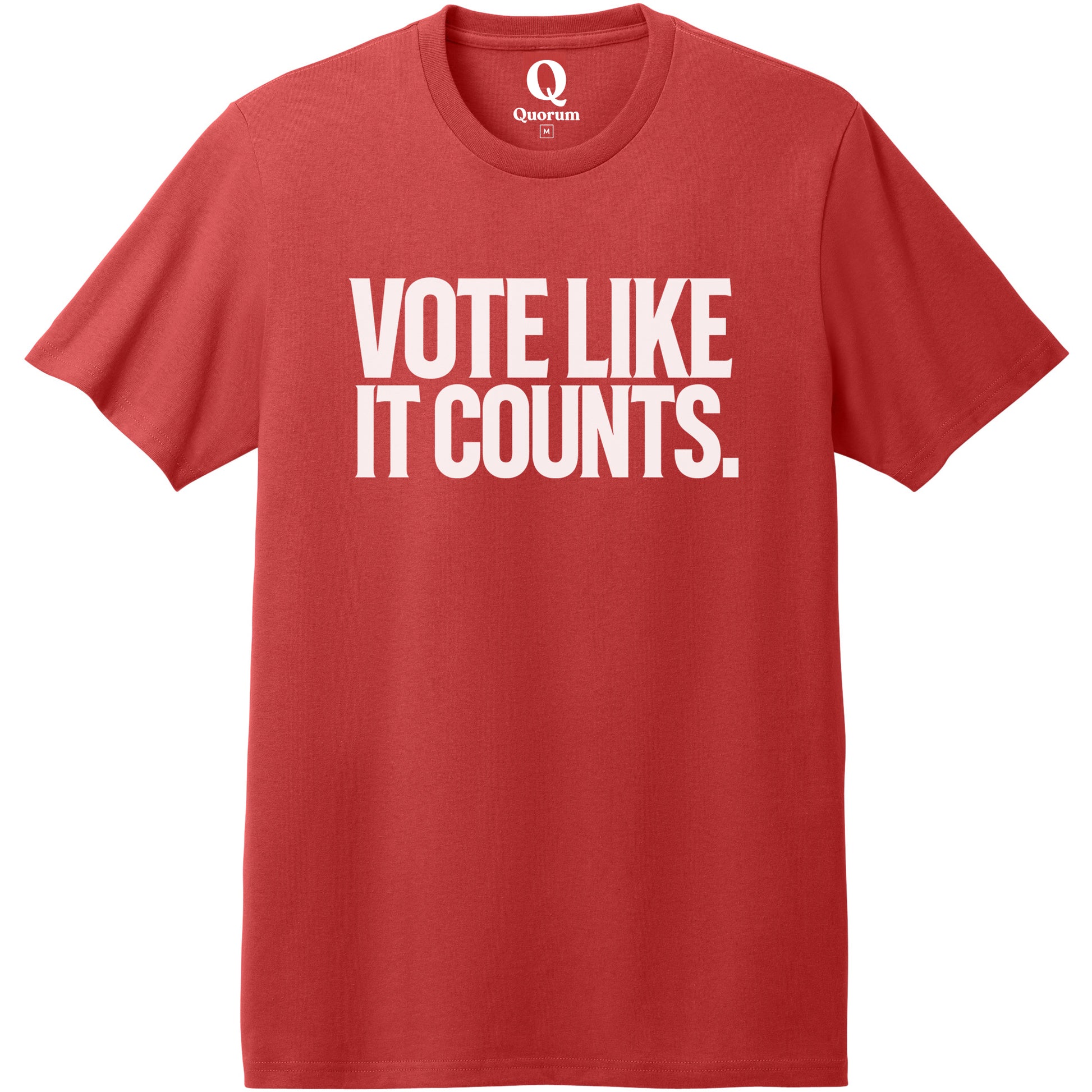 "Vote like it counts." Quorum Heavyweight Recycled Cotton Tee editorial print in Beet Red