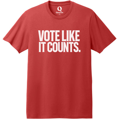 "Vote like it counts." Quorum Heavyweight Recycled Cotton Tee editorial print in Beet Red