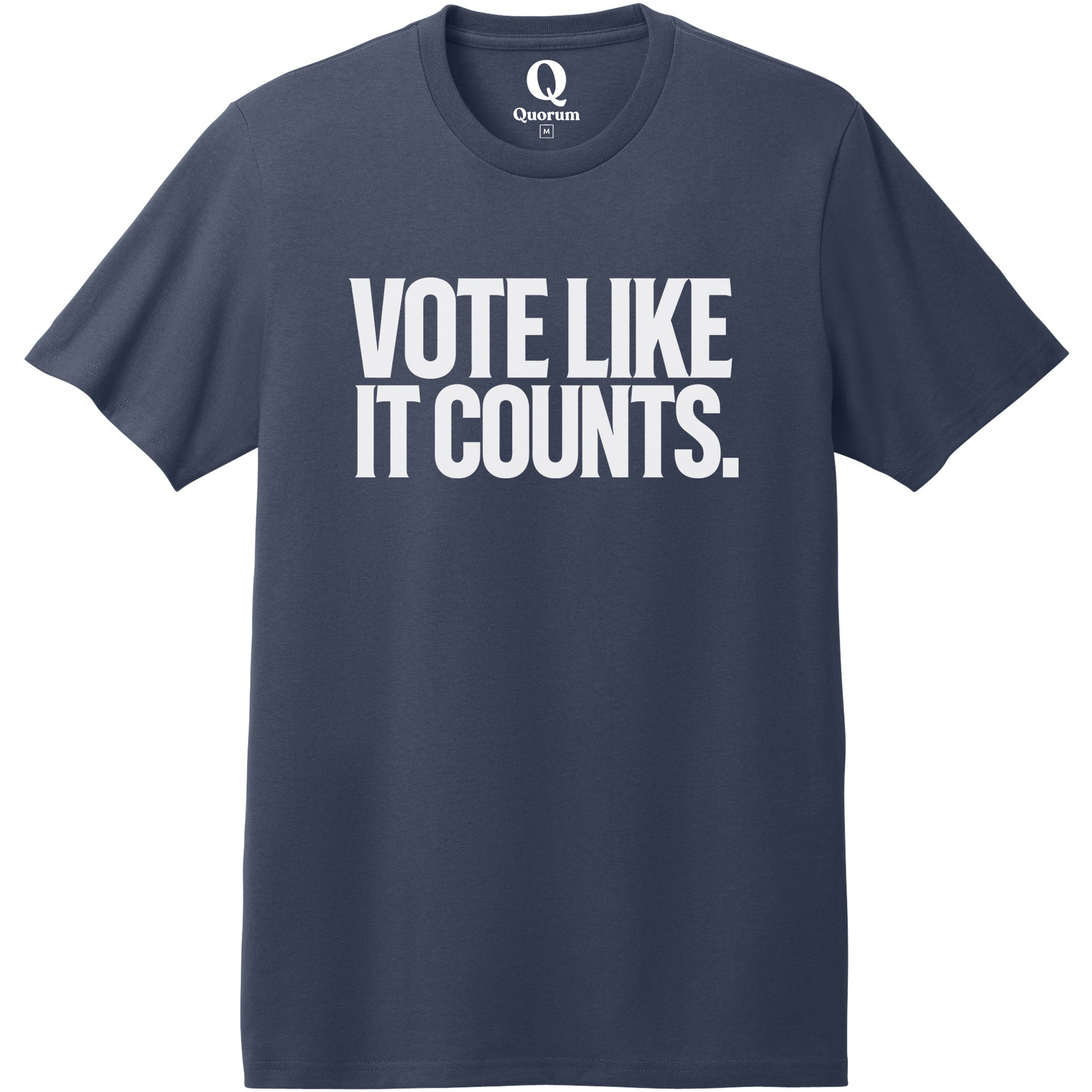 "Vote like it counts." Quorum Heavyweight Recycled Cotton Tee editorial print in Night Sky Navy