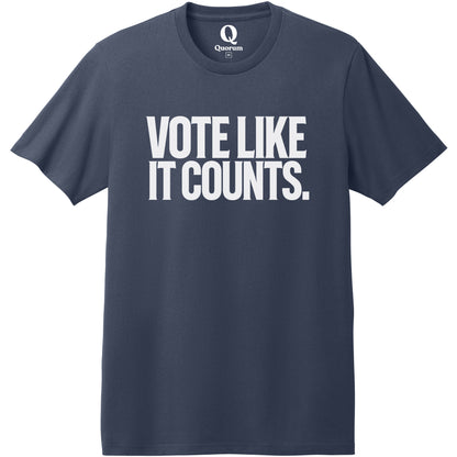 "Vote like it counts." Quorum Heavyweight Recycled Cotton Tee editorial print in Night Sky Navy