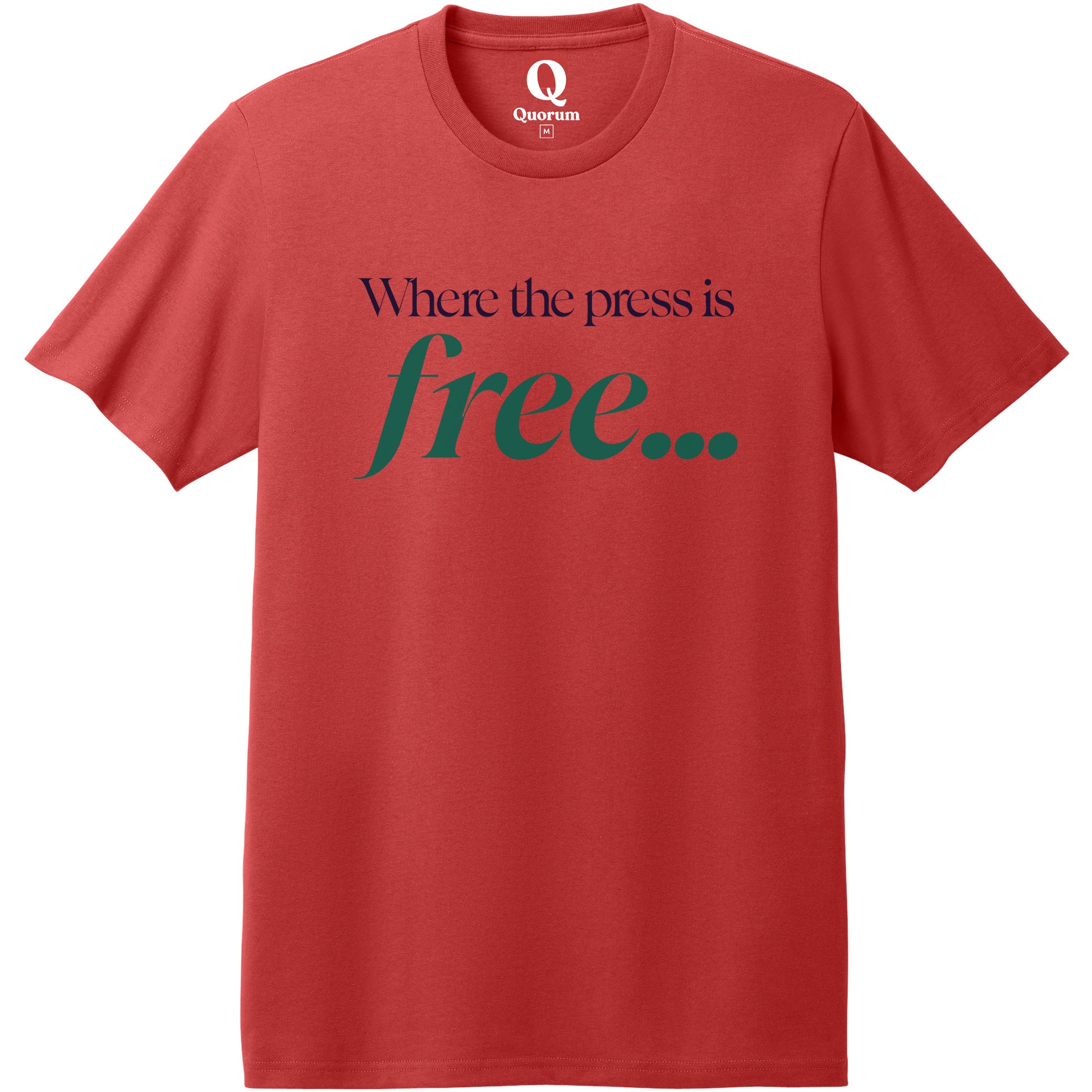 "Where the press is free." Quorum Heavyweight Recycled Cotton Tee front print in Beet Red