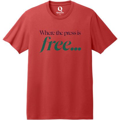 "Where the press is free." Quorum Heavyweight Recycled Cotton Tee front print in Beet Red