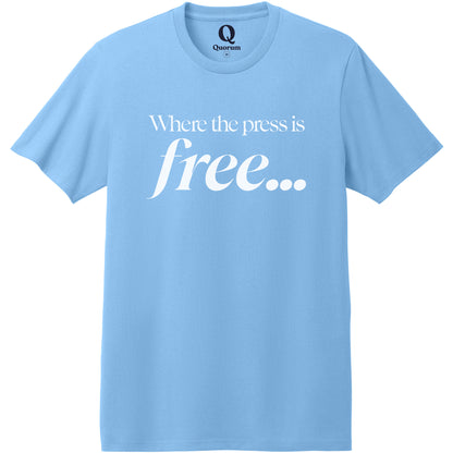"Where the press is free." Quorum Heavyweight Recycled Cotton Tee editorial print in Arctic Blue