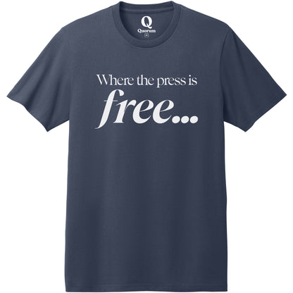"Where the press is free." Quorum Heavyweight Recycled Cotton Tee editorial print in Night Sky Navy
