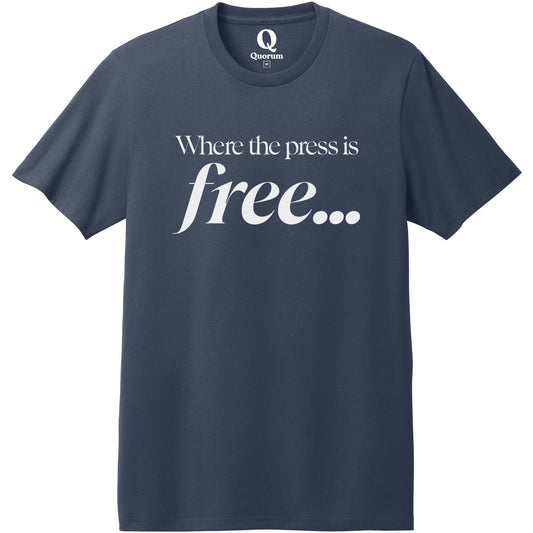 "Where the press is free." Quorum Heavyweight Recycled Cotton Tee editorial print in Night Sky Navy