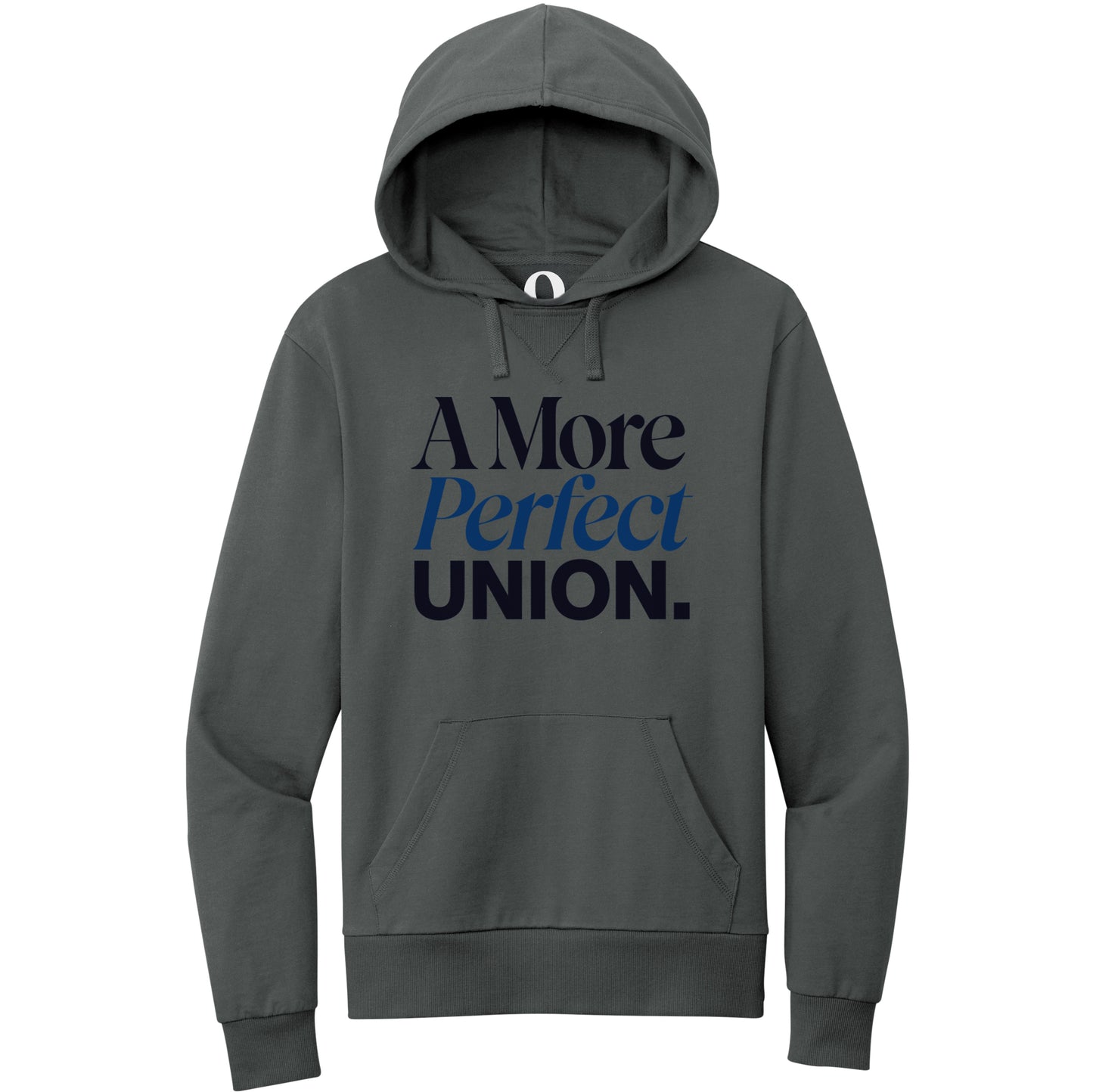 "A More Perfect Union." Quorum Pullover Hoodie front print in Terrain Grey