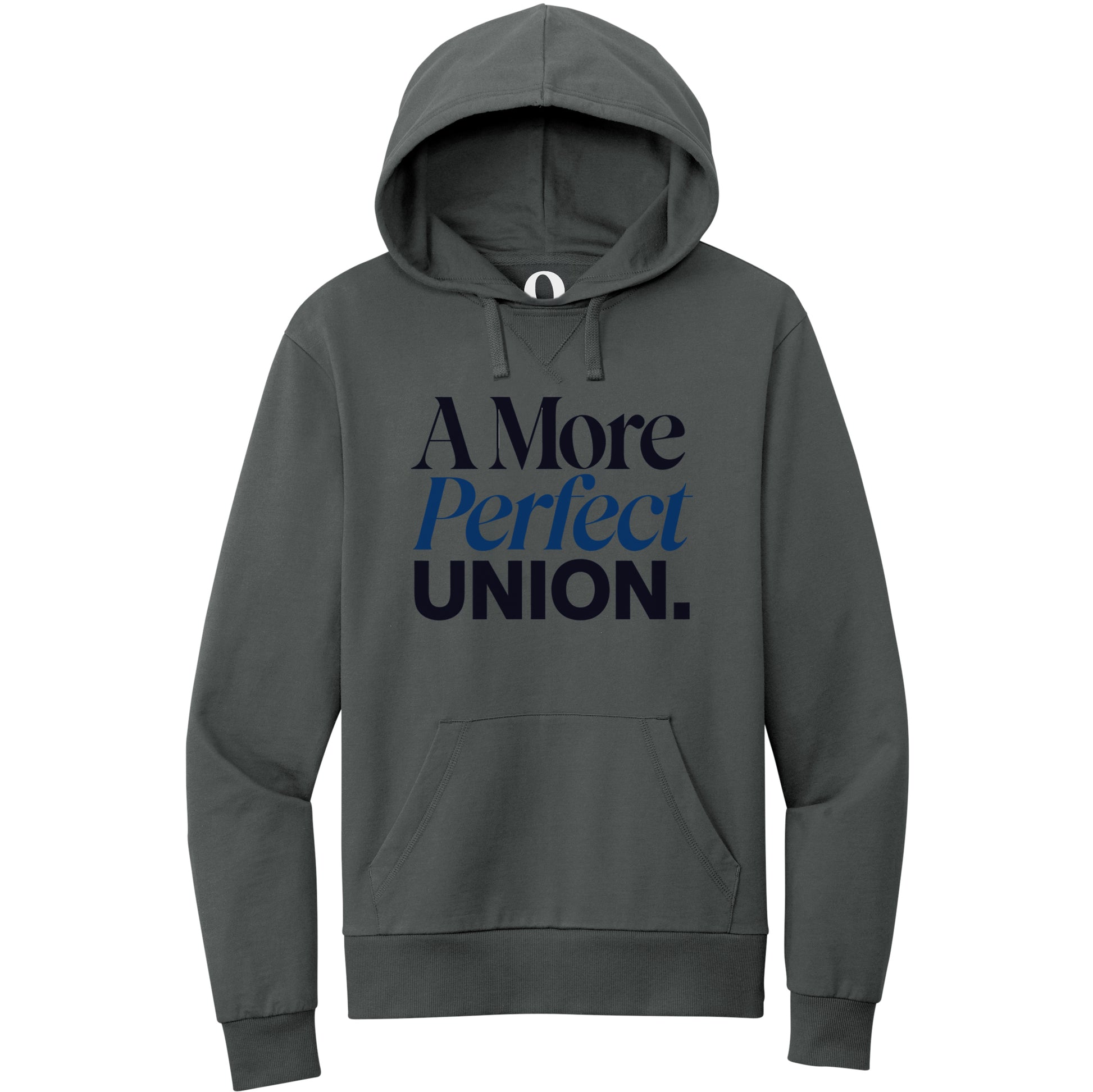 "A More Perfect Union." Quorum Pullover Hoodie front print in Terrain Grey