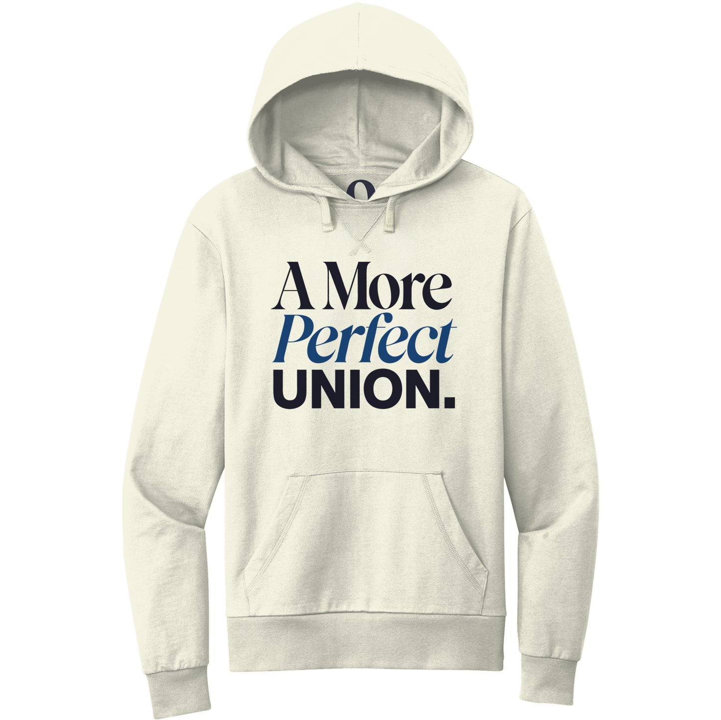 "A More Perfect Union." Quorum Pullover Hoodie front print in White Sand