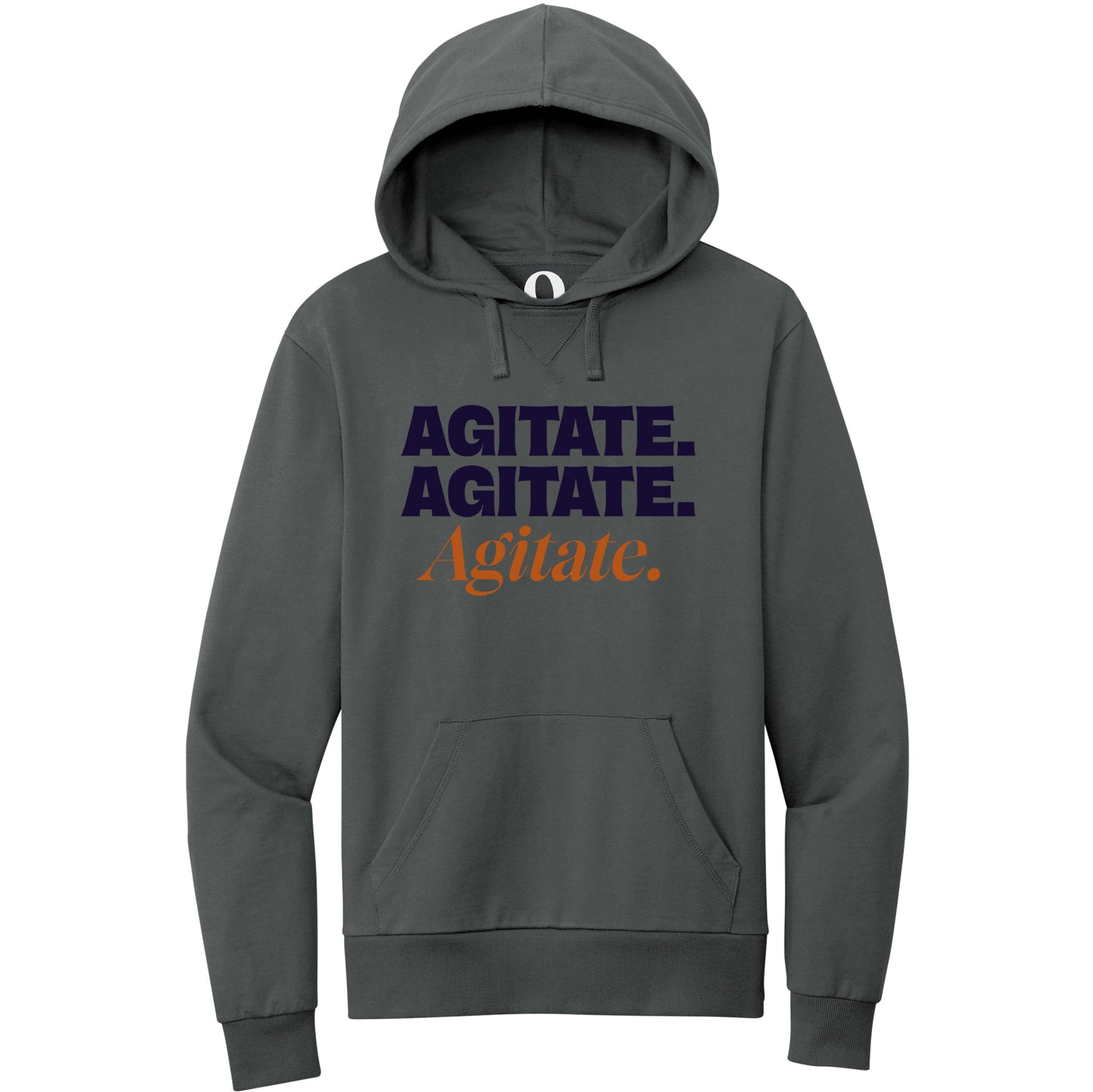 "Agitate. Agitate. Agitate." Quorum Pullover Hoodie front print in Terrain Grey