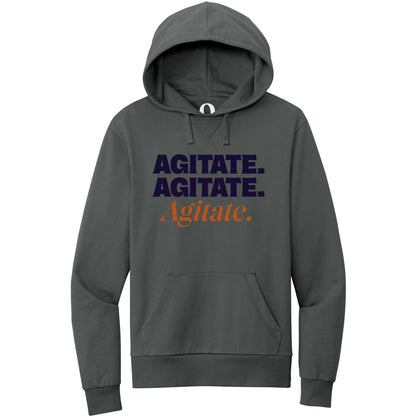 "Agitate. Agitate. Agitate." Quorum Pullover Hoodie front print in Terrain Grey