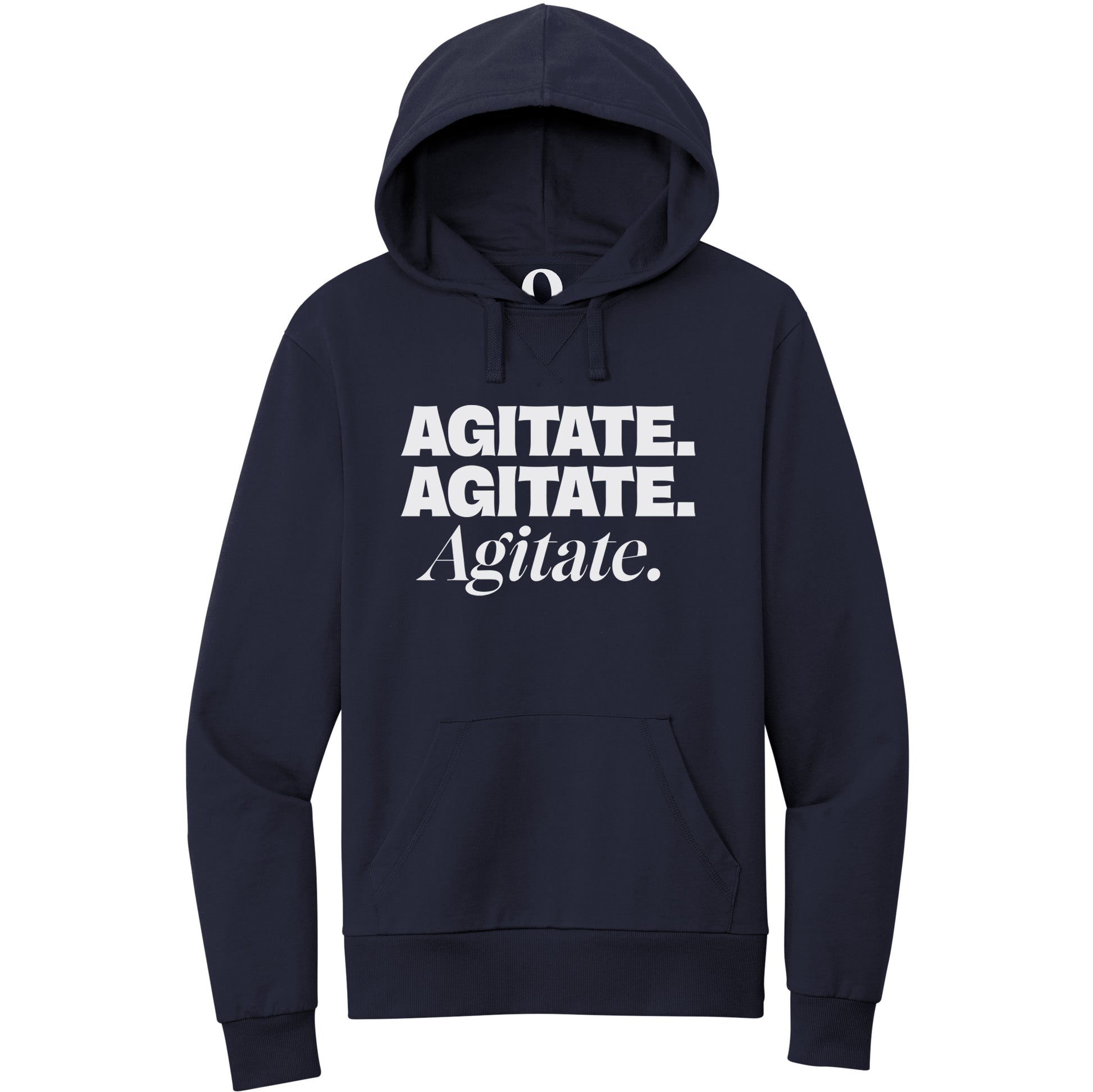 "Agitate. Agitate. Agitate." Quorum Pullover Hoodie editorial print in Night Sky Navy