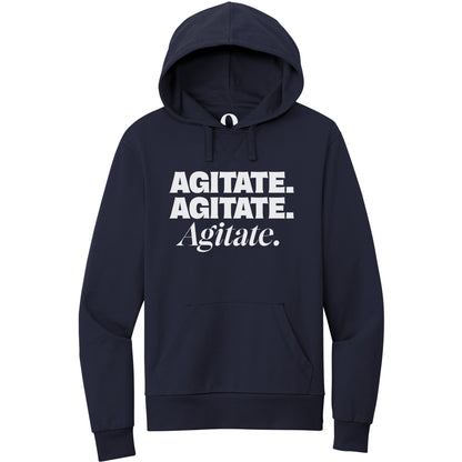 "Agitate. Agitate. Agitate." Quorum Pullover Hoodie editorial print in Night Sky Navy