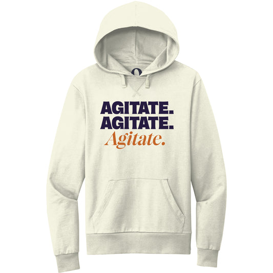 "Agitate. Agitate. Agitate." Quorum Pullover Hoodie front print in White Sand