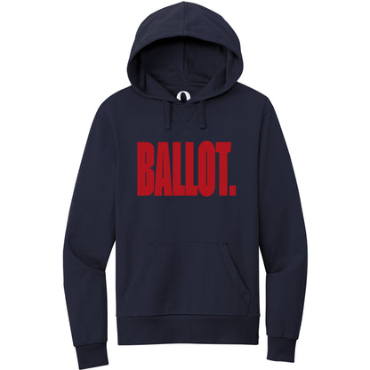 "Ballot." Quorum Pullover Hoodie front print in Night Sky Navy