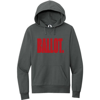 "Ballot." Quorum Pullover Hoodie front print in Terrain Grey