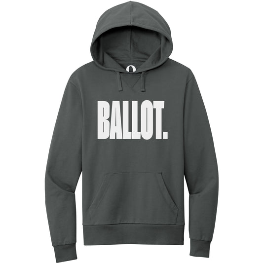 "Ballot." Quorum Pullover Hoodie editorial print in Terrain Grey