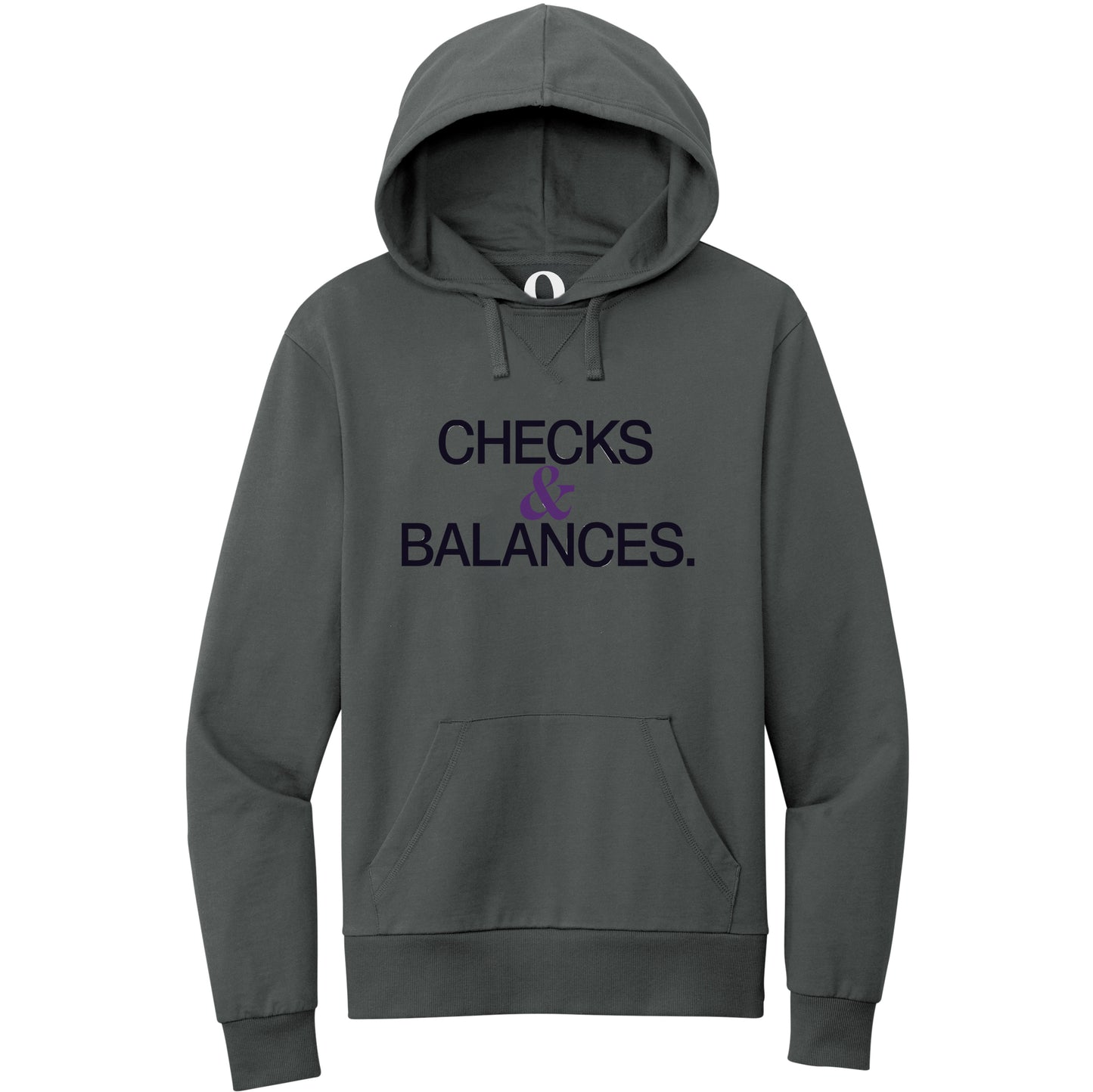"Checks & Balances." Quorum Pullover Hoodie front print in Terrain Grey