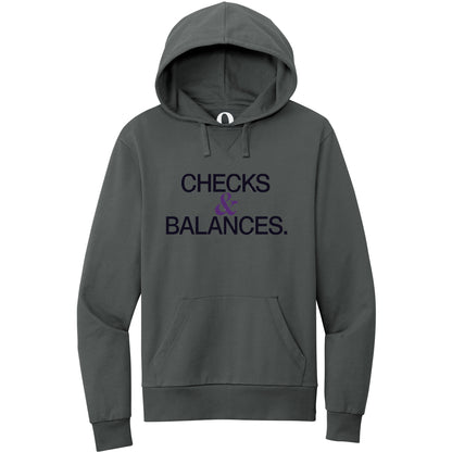 "Checks & Balances." Quorum Pullover Hoodie front print in Terrain Grey