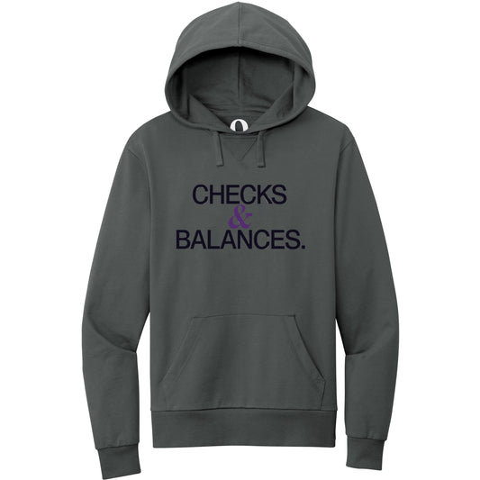 "Checks & Balances." Quorum Pullover Hoodie front print in Terrain Grey