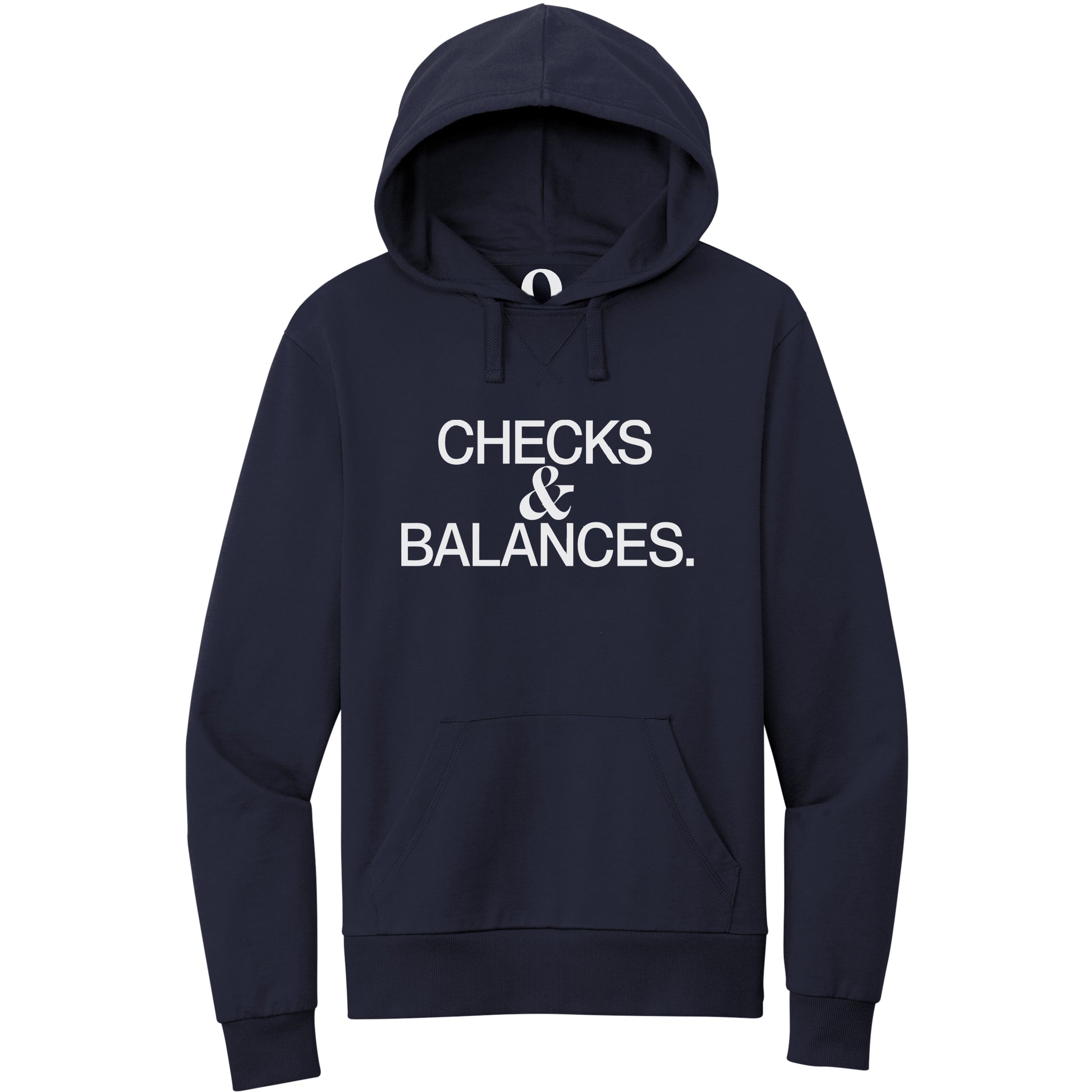 "Checks & Balances." Quorum Pullover Hoodie editorial print in Night Sky Navy