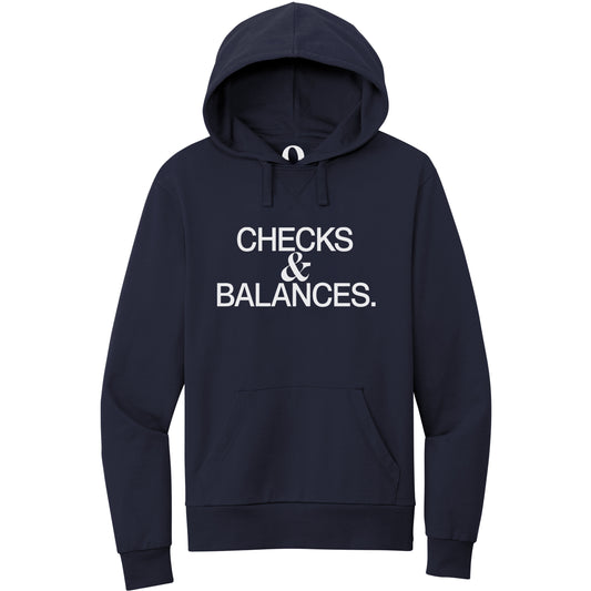 "Checks & Balances." Quorum Pullover Hoodie editorial print in Night Sky Navy