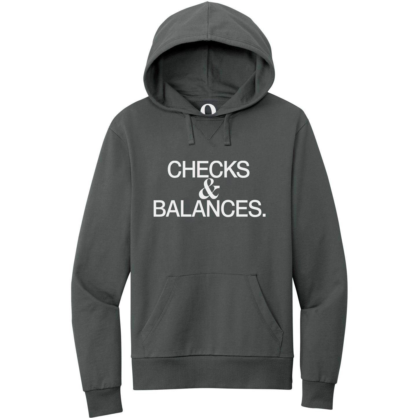 "Checks & Balances." Quorum Pullover Hoodie editorial print in Terrain Grey
