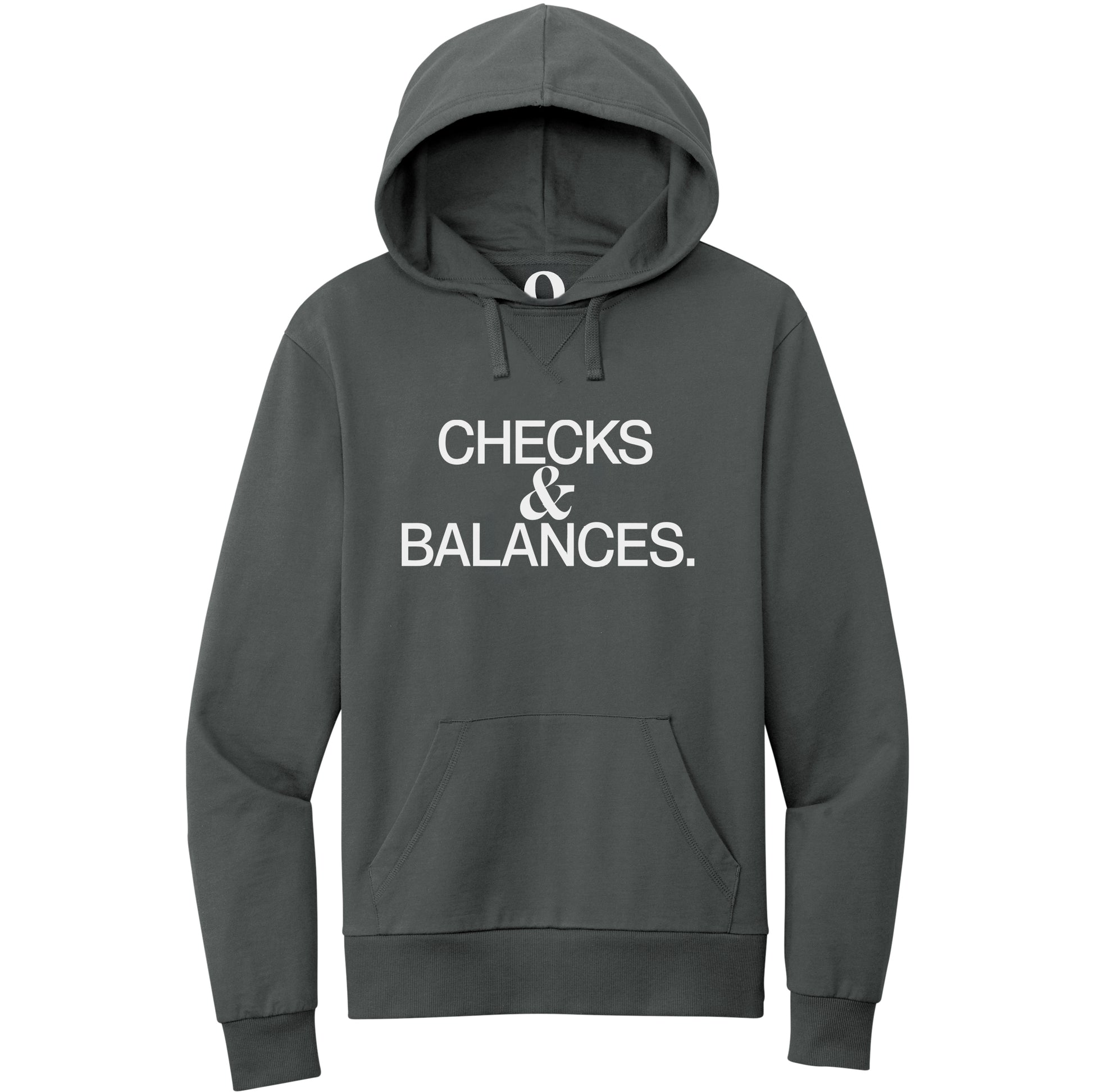"Checks & Balances." Quorum Pullover Hoodie editorial print in Terrain Grey