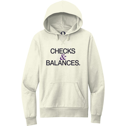 "Checks & Balances." Quorum Pullover Hoodie front print in White Sand