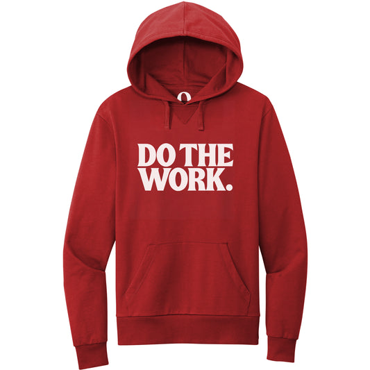 "Do the Work." Quorum Pullover Hoodie editorial print in Revolution Red