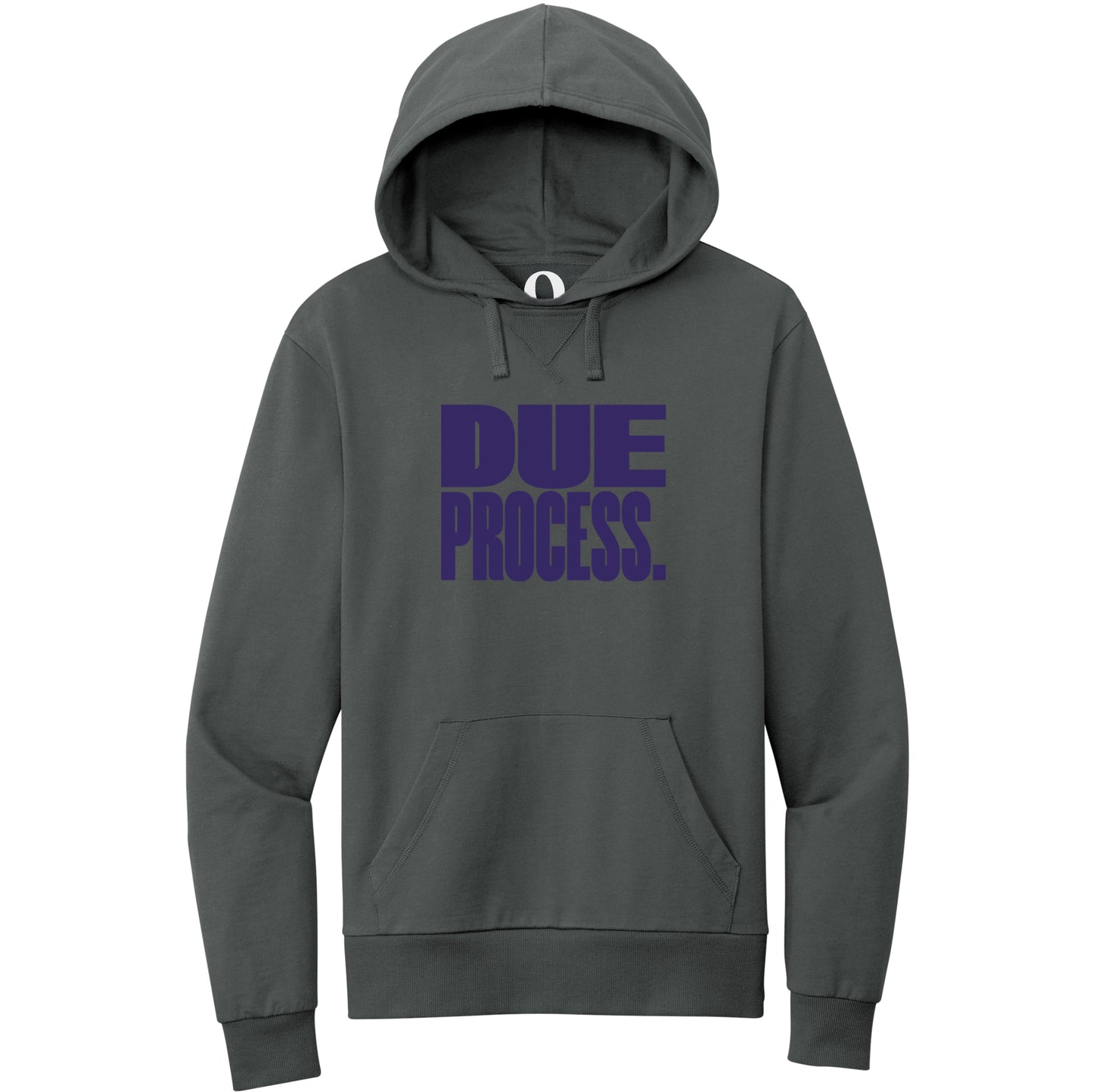 "Due Process." Quorum Pullover Hoodie front print in Terrain Grey