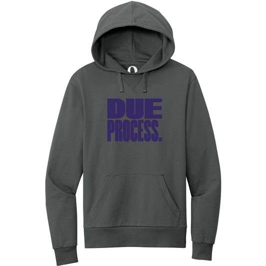 "Due Process." Quorum Pullover Hoodie front print in Terrain Grey