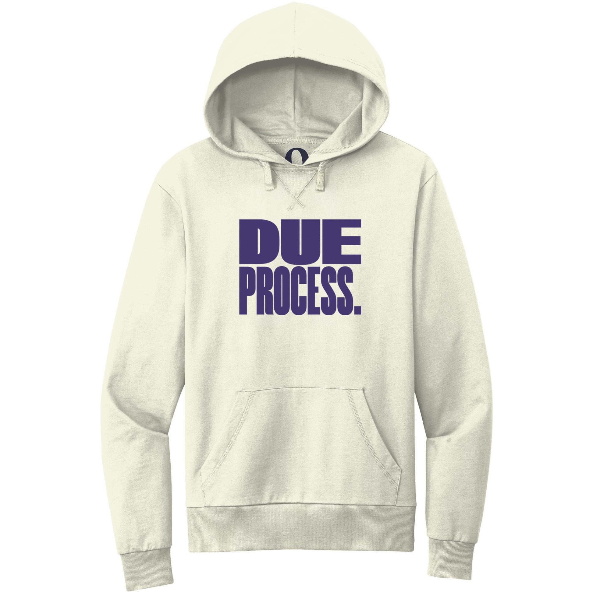 "Due Process." Quorum Pullover Hoodie front print in White Sand