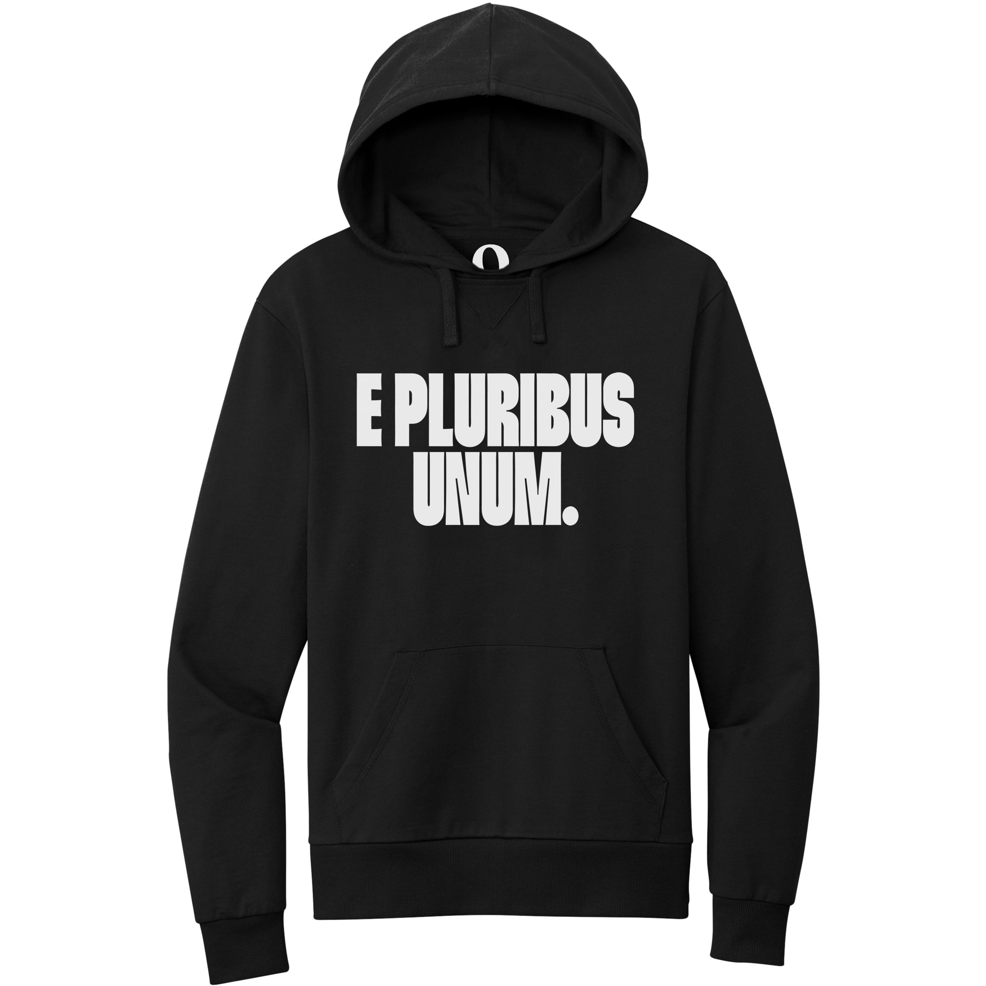 "E Pluribus Unum." Quorum Pullover Hoodie editorial print in Deep Black