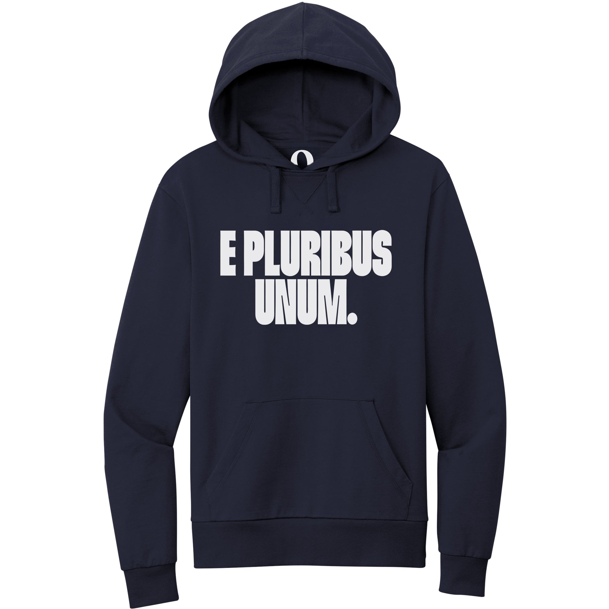 "E Pluribus Unum." Quorum Pullover Hoodie editorial print in Night Sky Navy