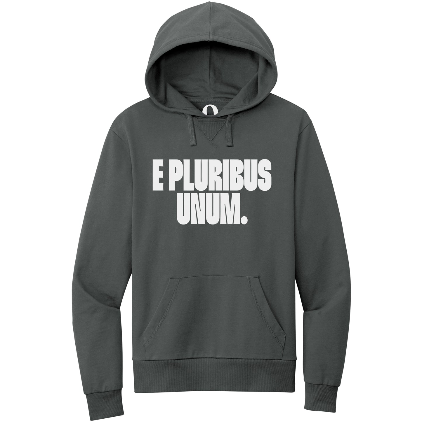 "E Pluribus Unum." Quorum Pullover Hoodie editorial print in Terrain Grey
