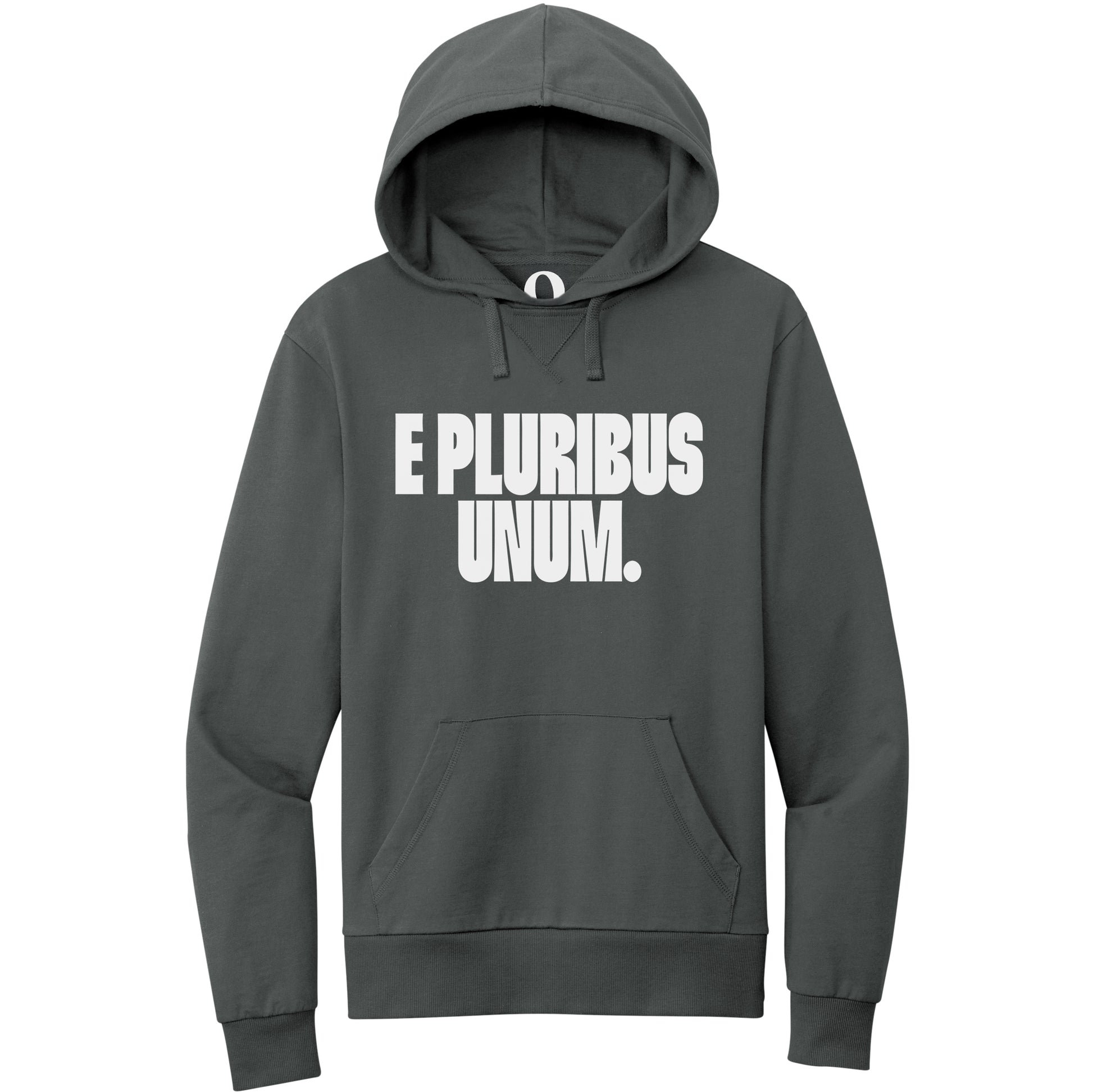 "E Pluribus Unum." Quorum Pullover Hoodie editorial print in Terrain Grey