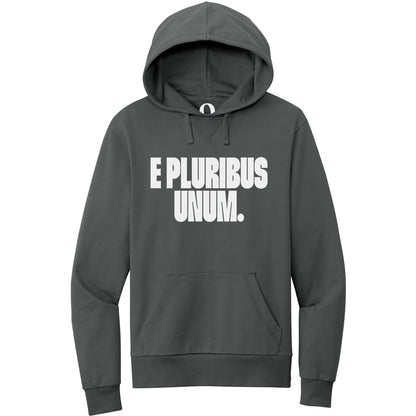 "E Pluribus Unum." Quorum Pullover Hoodie editorial print in Terrain Grey